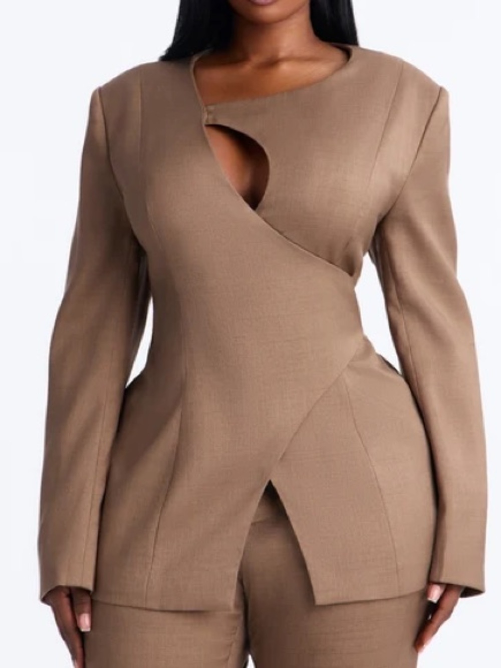 Structured Brown Asymmetric Wrap Blazer - Women's
